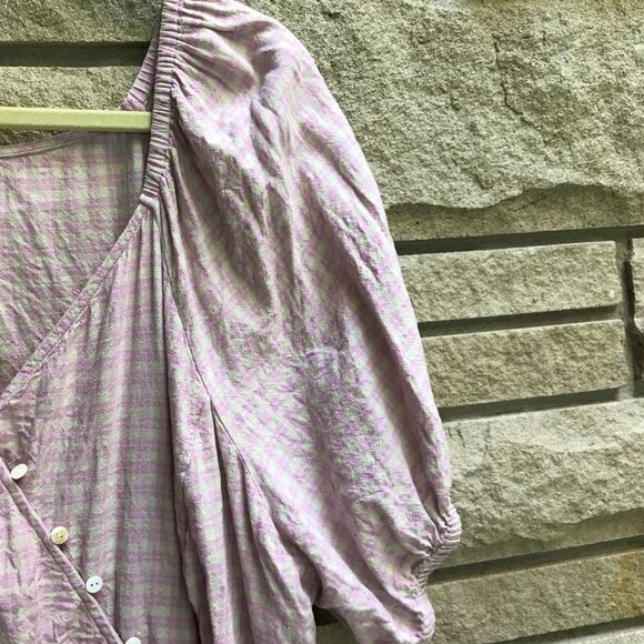 Madewell Linen-Blend Puff-Sleeve Button-Wrap Top in Plaid Lavender 3x - Picture 5 of 13